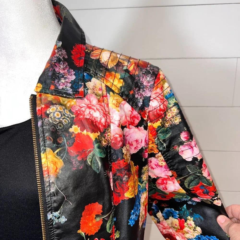 Multicolor Floral Pleather Long Sleeve Jacket Size M - Picture 2 of 10